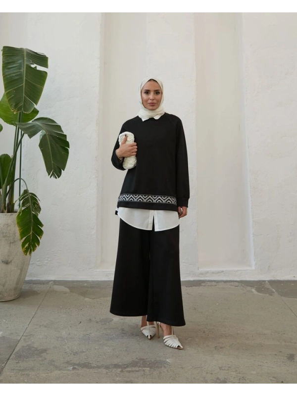 Kadın Modal Nakışlı Takım-Siyah