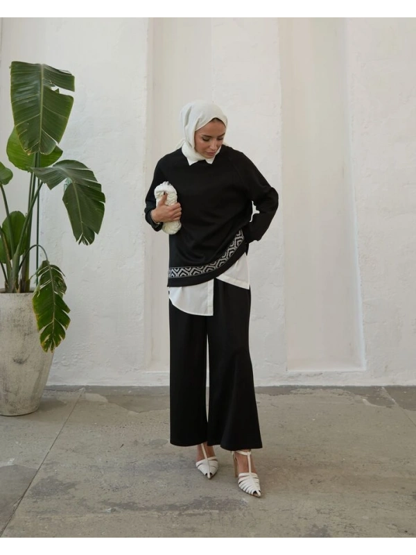 Kadın Modal Nakışlı Takım-Siyah