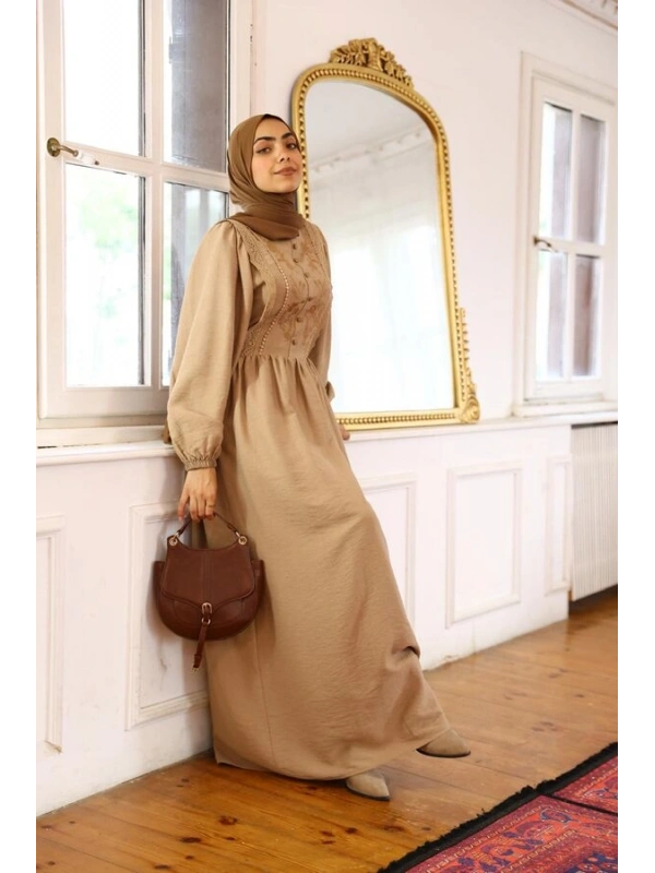 Kadın Nur Nakışlı Elbise-Bej