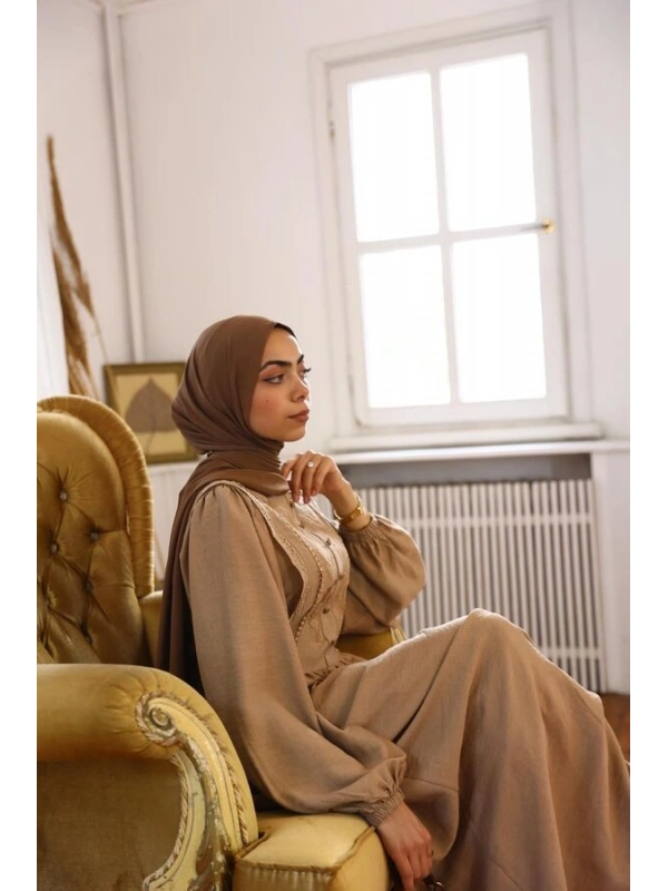 Kadın Nur Nakışlı Elbise-Bej