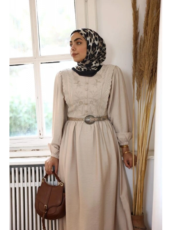 Kadın Nur Nakışlı Elbise-Taş