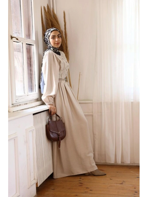 Kadın Nur Nakışlı Elbise-Taş