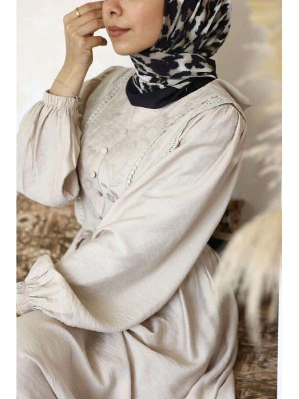 Kadın Nur Nakışlı Elbise-Taş