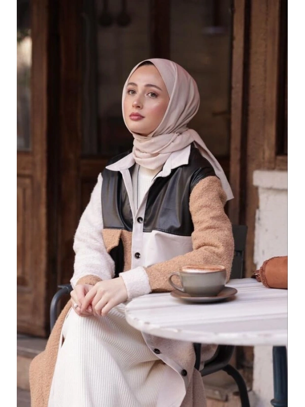 Kadın Patchwork Siyah Derili Gömlek-Bej