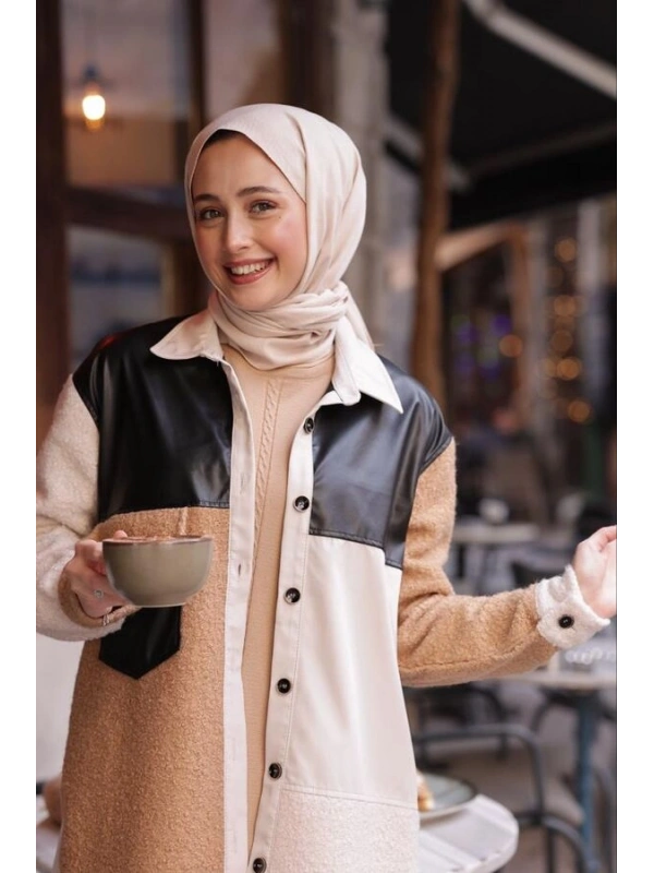 Kadın Patchwork Siyah Derili Gömlek-Bej