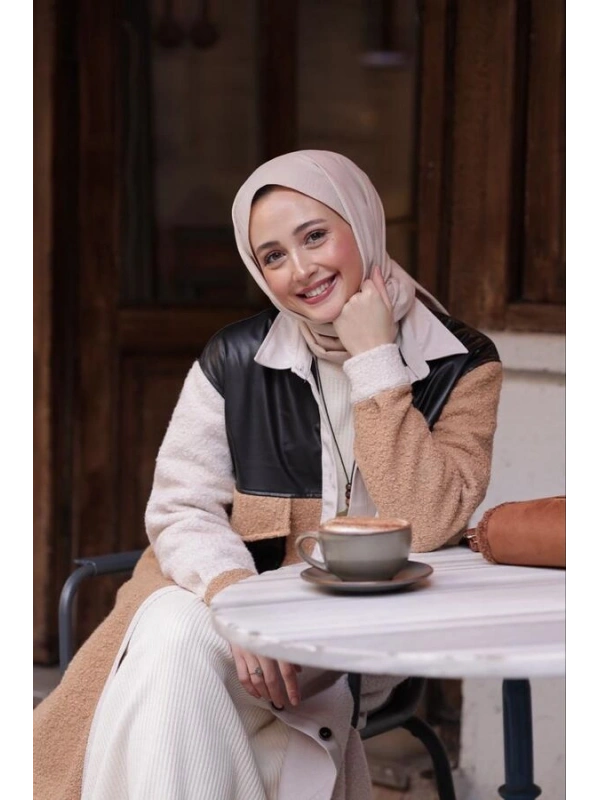 Kadın Patchwork Siyah Derili Gömlek-Bej