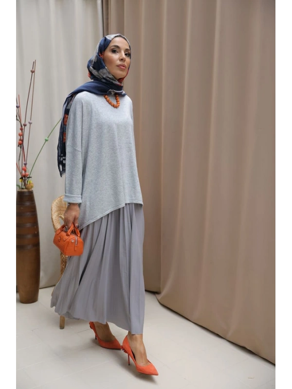 Kadın Pileli Zarafet Takım-Gri