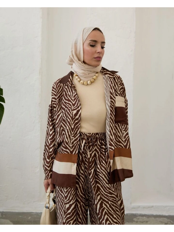 Kadın Saten İkili Çizgili Takım