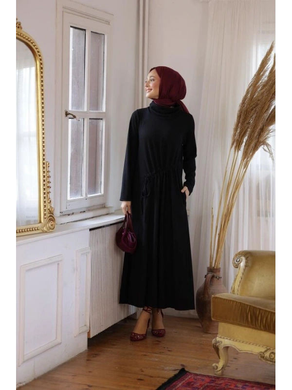 Kadın Selanik Beli Büzgülü Elbise-Siyah