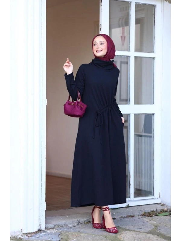 Kadın Selanik Beli Büzgülü Elbise-Siyah