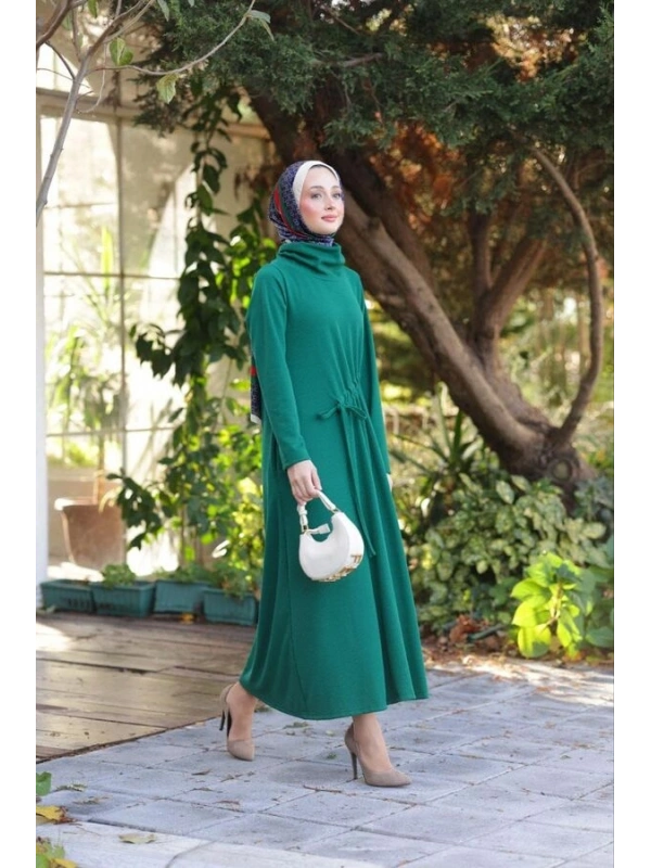 Kadın Selanik Beli Büzgülü Elbise-Yeşil