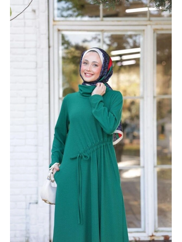 Kadın Selanik Beli Büzgülü Elbise-Yeşil