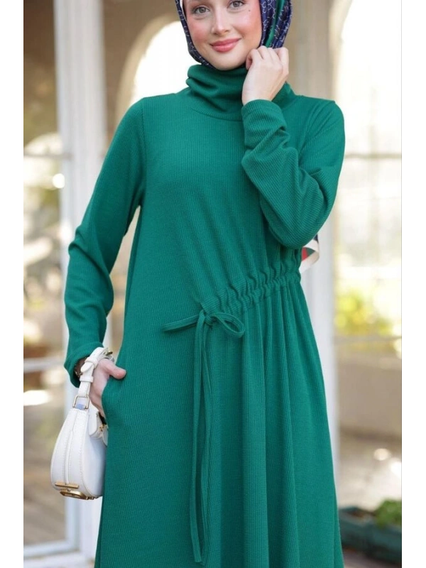 Kadın Selanik Beli Büzgülü Elbise-Yeşil