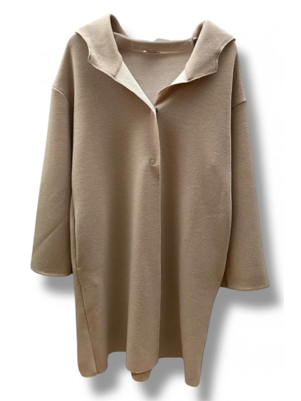 Kapüşonlu bej triko cepli sweat