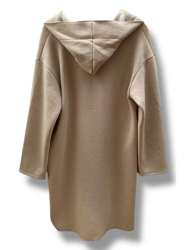 Kapüşonlu bej triko cepli sweat