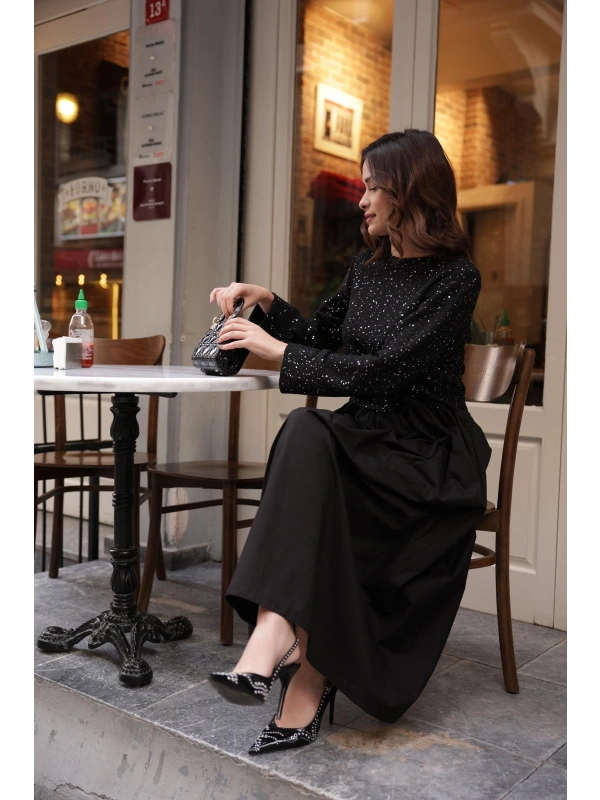 Payetli Poplin Siyah Elbise