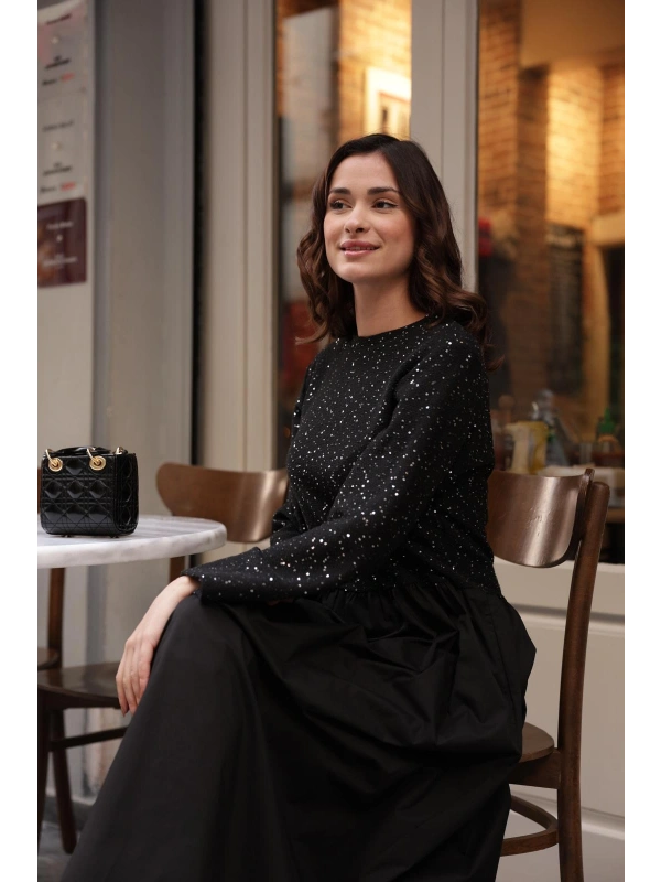 Payetli Poplin Siyah Elbise