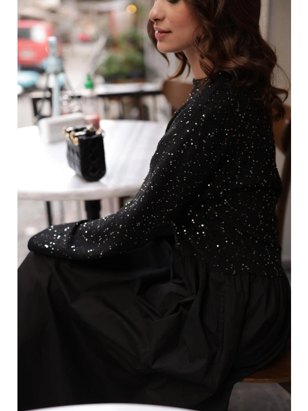 Payetli Poplin Siyah Elbise