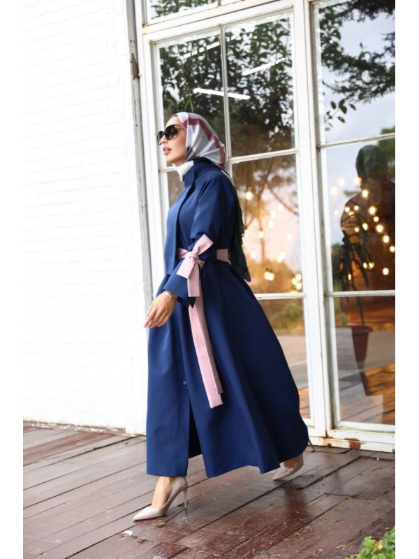 Pembe Kuşaklı Mavi Trenç Elbise