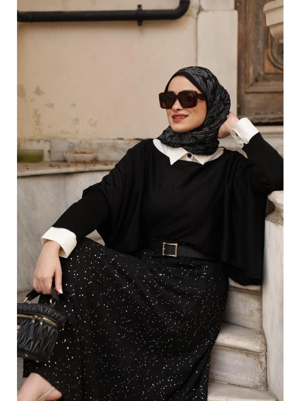 Pullu Astarlı Siyah Etek