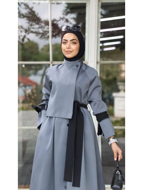 Siyah Kuşaklı Gri Trenç Elbise