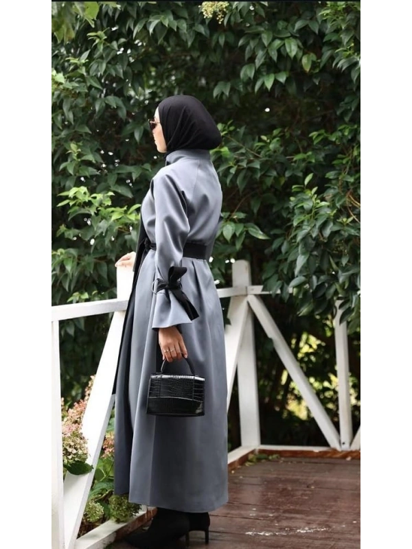 Siyah Kuşaklı Gri Trenç Elbise