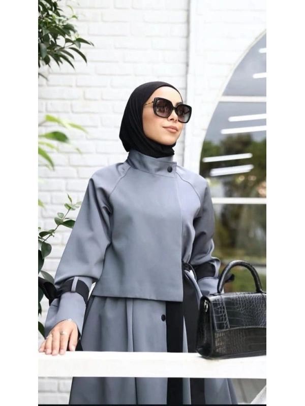 Siyah Kuşaklı Gri Trenç Elbise