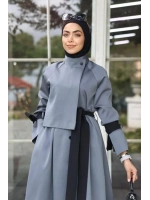 Siyah Kuşaklı Gri Trenç Elbise