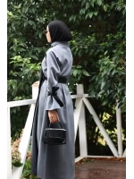 Siyah Kuşaklı Gri Trenç Elbise