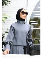 Siyah Kuşaklı Gri Trenç Elbise