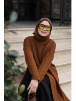 Balıkçı Yaka Triko Tunik Boydan Yırtmaçlı Kiremit