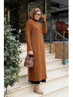 Balıkçı Yaka Triko Tunik Boydan Yırtmaçlı Kiremit