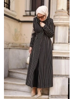 Kolu Nakışlı Çizgili Ceket Elbise Vizon