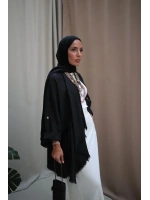 Kadın Keten Püsküllü Kısa Tunik-Siyah