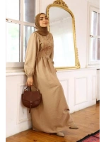 Kadın Nur Nakışlı Elbise-Bej