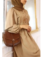 Kadın Nur Nakışlı Elbise-Bej