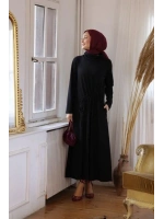 Kadın Selanik Beli Büzgülü Elbise-Siyah