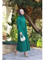 Kadın Selanik Beli Büzgülü Elbise-Yeşil