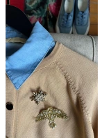 Merserize Kuş Broşlu Hırka - Camel