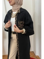 Kadın Leopar Biyeli Uzun Poplin Tunik - Siyah