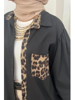 Kadın Leopar Biyeli Uzun Poplin Tunik - Siyah