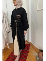 Kadın Leopar Biyeli Uzun Poplin Tunik - Siyah
