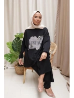 Kadın Vintage Baskılı Tunik - Siyah