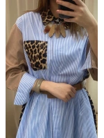 Kadın Çizgili Leopar Gömlek Elbise - Mavi