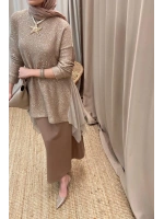 Gümüş Pullu Şifonlu Tunik - Bej