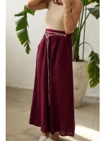 Kadın Fitilli Lastikli Keten Pantolon - Bordo