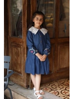 Çocuk Kot Elbise Beyaz Yakalı - Koyu Mavi