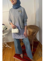 Kadın Cep Detaylı Mavi Çizgili Sweat - Gri