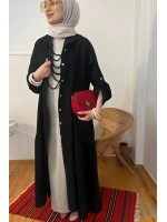 Kadın Keten Etek Ekli Elbise - Siyah