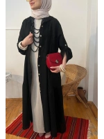 Kadın Düğmeli Keten Tunik - Siyah